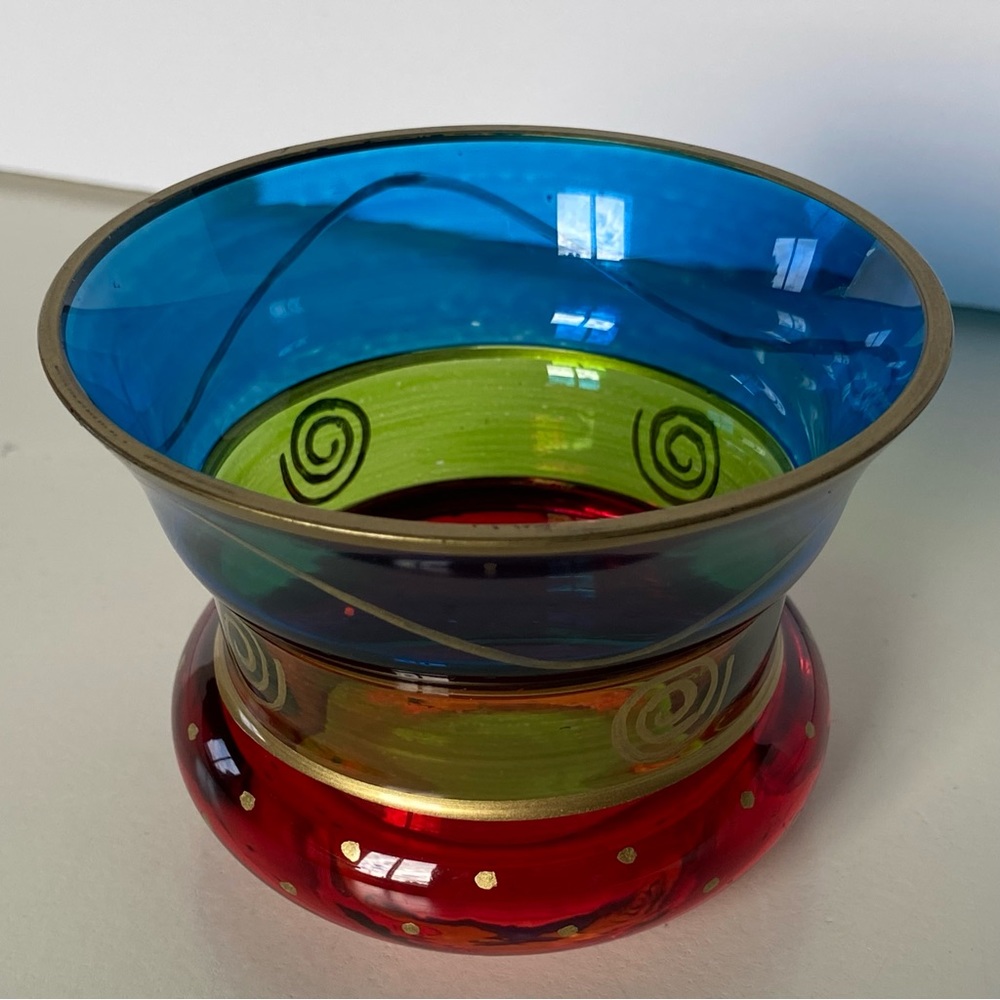 PIER 1 Candle Votive Holder Glass Vintage Red Blue Green Gold Trim Cup Vase Boho - Picture 2 of 16